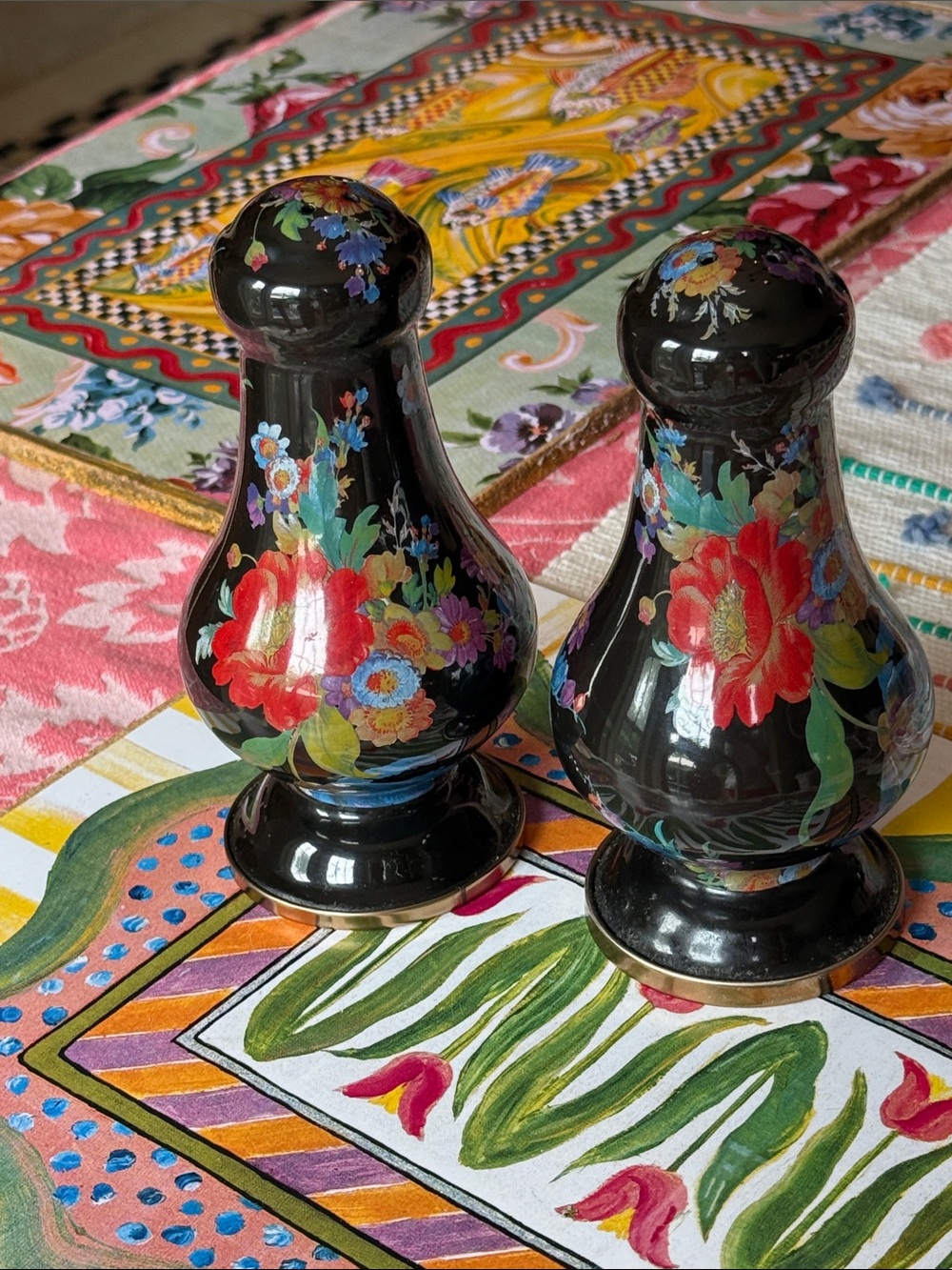 MacKenzie Childs Large Hand-Painted Black Flower Market Floral Salt and Pepper S